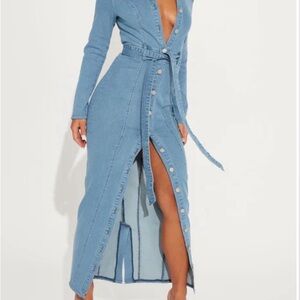 Blue Denim Button-Down Maxi Dress/ trench coat